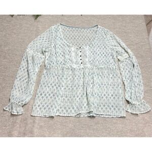 Boho Cottagecore Prairie Fairy Floral Lace Trim Babydoll Blouse Sheer EUC